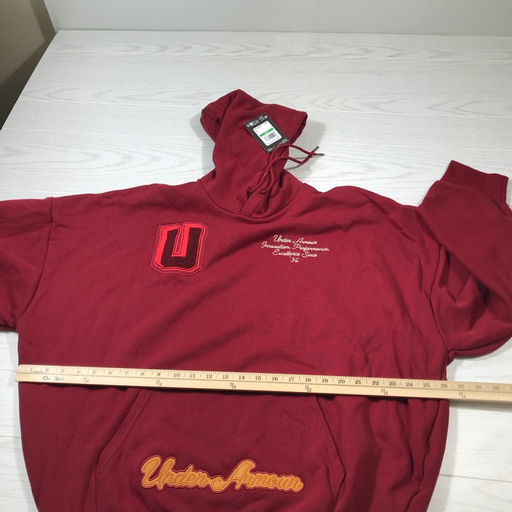 New Under Armour Icon Heavyweight Terry Hoodie Men L Red Embroidered Oversized - Picture 5 of 16